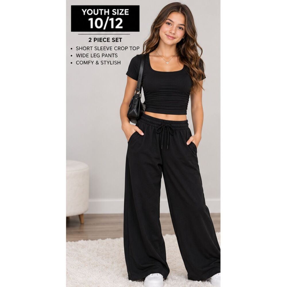 Teen Girls 13Y Black 2 Piece Crop Top Wide Leg Pants Set NWOT